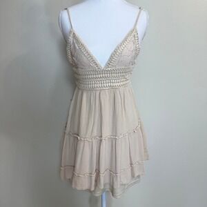 Crochet Tan Tiered Mini Dress Womens S Boho Cottagecore Fairycore Festival